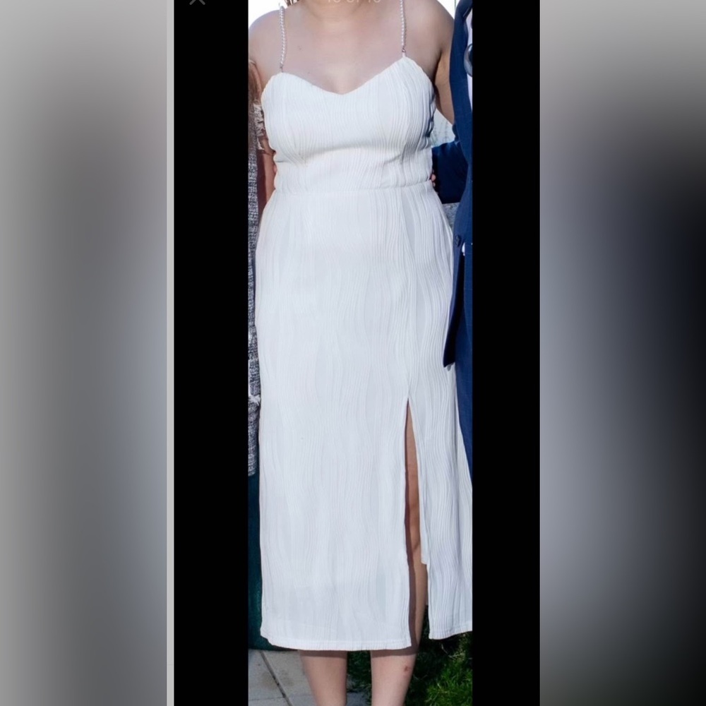Elegant White Textured Dress with Pearl Straps